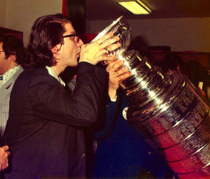 Drinking from the Stanley Cup in the Flyers' locker room at the Spectrum on May 19, 1974.