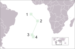 23 - Posizione delle isole del Territorio di S.Elena: 1) Ascensione, 2) S.Elena, 3) Tristan da Cunha, 4) Gough.