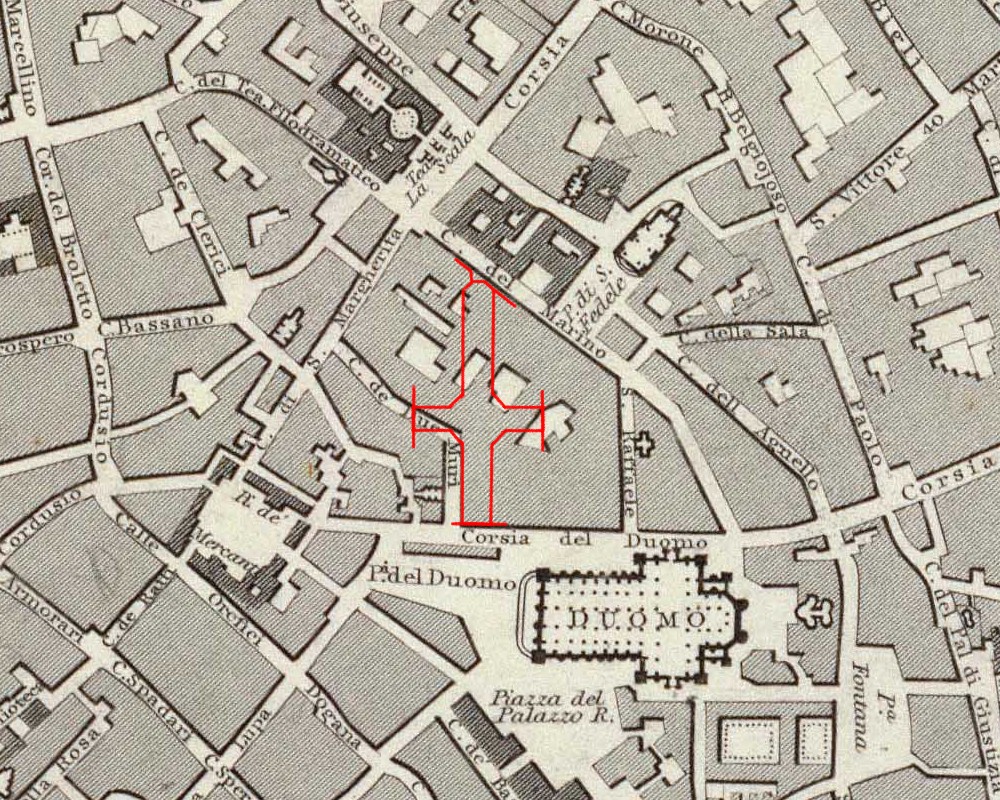 Milano: sagoma della galleria Vittorio E. II confrontata con una mappa del 1832.