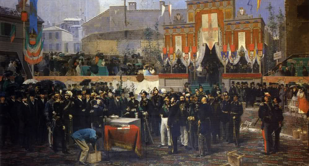 1865, Domenico Induno: Posa della prima pietra della Galleria di Milano il 7 marzo 1865.