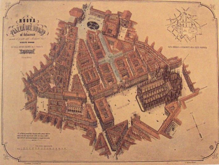 Progetto di Giuseppe Mengoni per la Galleriea e la sistemazione di Piazza Duomo, 1863.