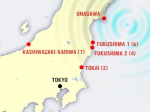 Epicentro del terremoto del 2011 e centrali nucleari della regione del Tōhoku.