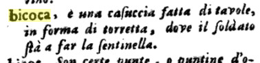 bicoca, dizionario Italiano e Spagnolo (Franciosini 1706)