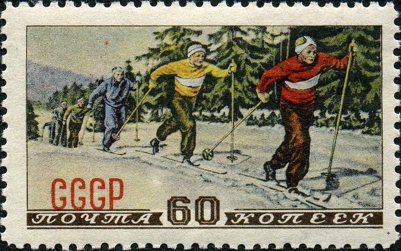 sciatori di fondo in un francobollo sovietico