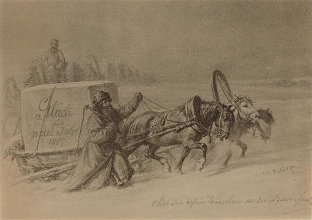 Nonno Gelo con la tradizionale slitta a tre cavalli (troika) in un disegno del 1887