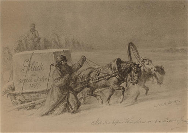 Nonno Gelo con la tradizionale slitta a tre cavalli (troika) in un disegno del 1887