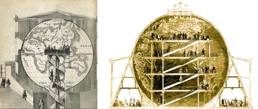 Georama di Parigi (a sinistra) e il "Great Globe" di Londra (a destra)