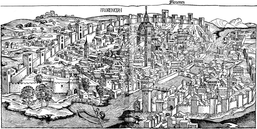 Firenze nel 1490, incisione da "Cronache di Norimberga".