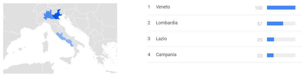 Interesse per regione sulla base del numero di ricerche su Google nel 2019