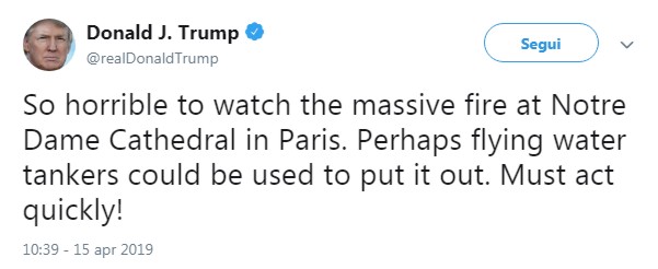 So horrible to watch the massive fire at Notre Dame Cathedral in Paris. Perhaps flying water tankers could be used to put it out. Must act quickly!