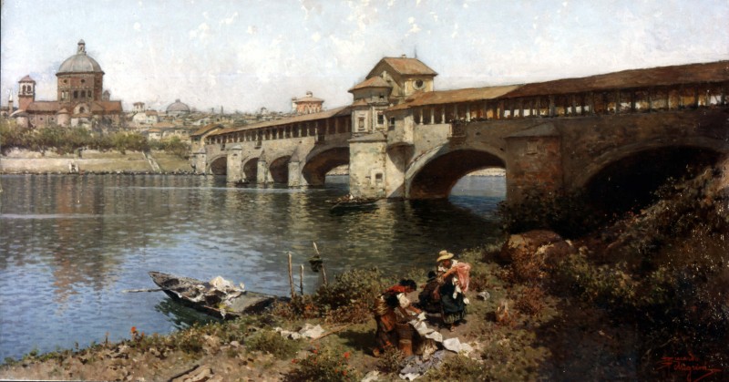Il ponte medievale sul Ticino a Pavia, dipinto di Riccardo Pellegrini (1900 circa)