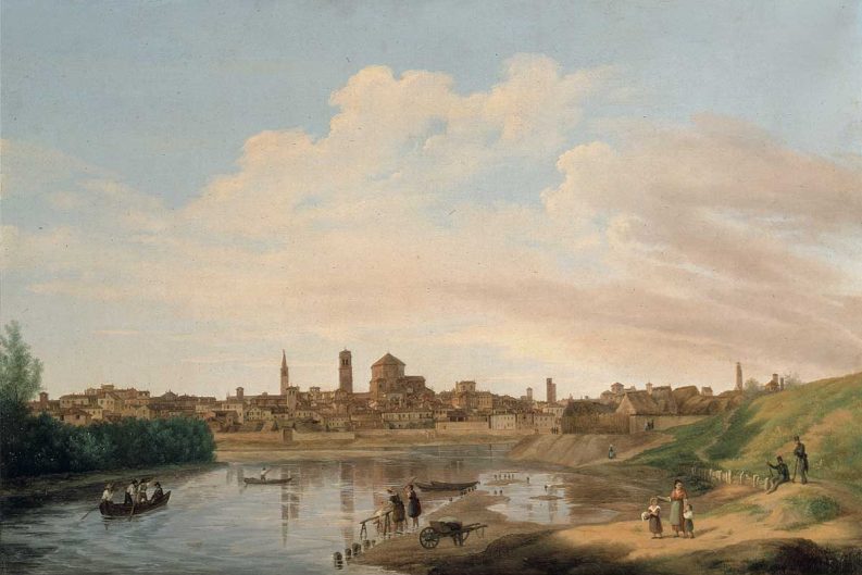 Veduta di Pavia dal confluente con il rotto del Gravellone, 1855-1859: dipinto di Francesco Trécourt