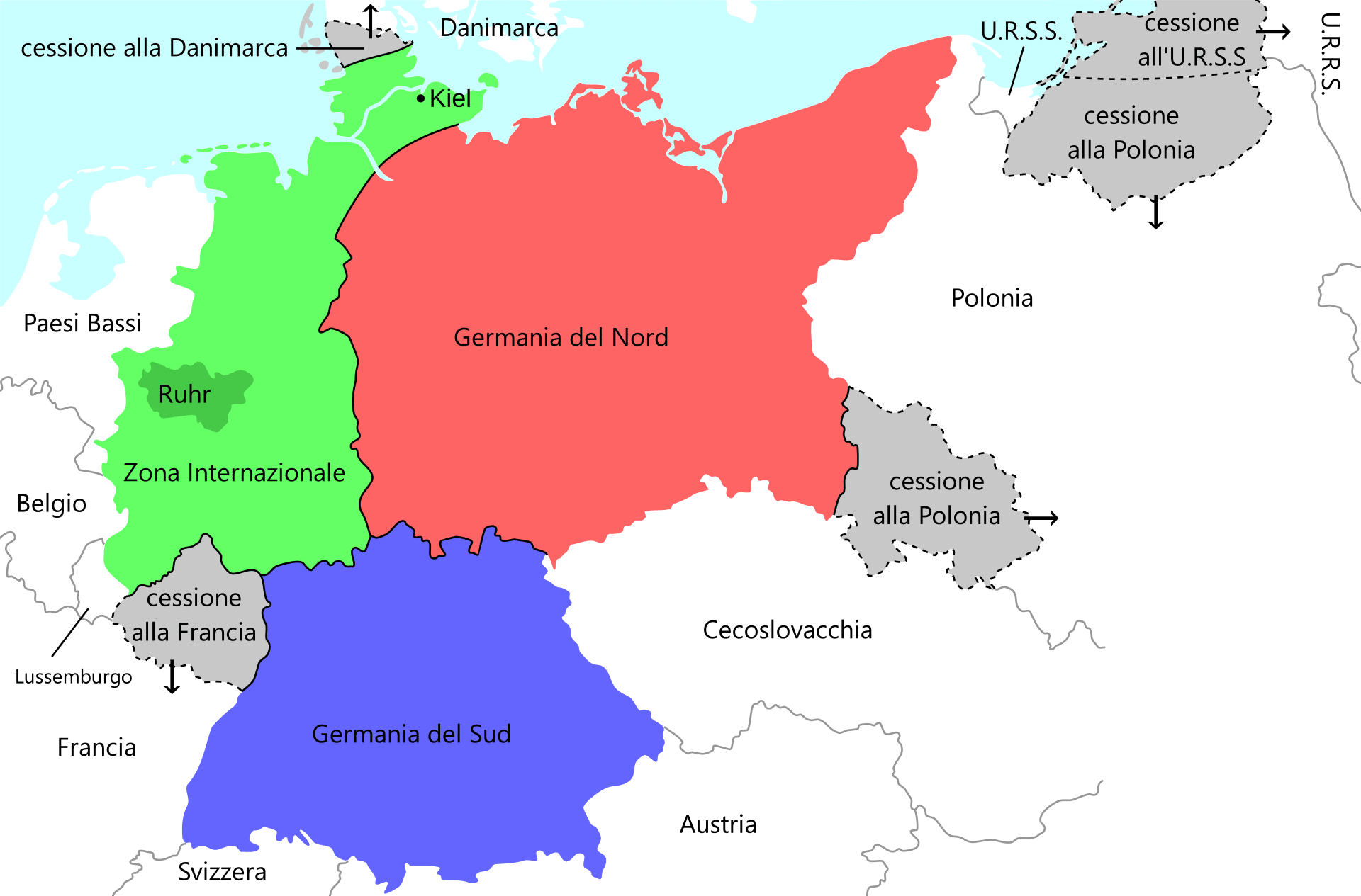 Il "piano Morgenthau" prevedeva la creazione di una Germania del Nord ed una del Sud, una "zona internazionale" ad ovest (che avrebbe incluso la regione della Ruhr) e la cessione di alcune aree ai paesi confinanti: Danimarca, Francia, Polonia e Unione Sovietica.
